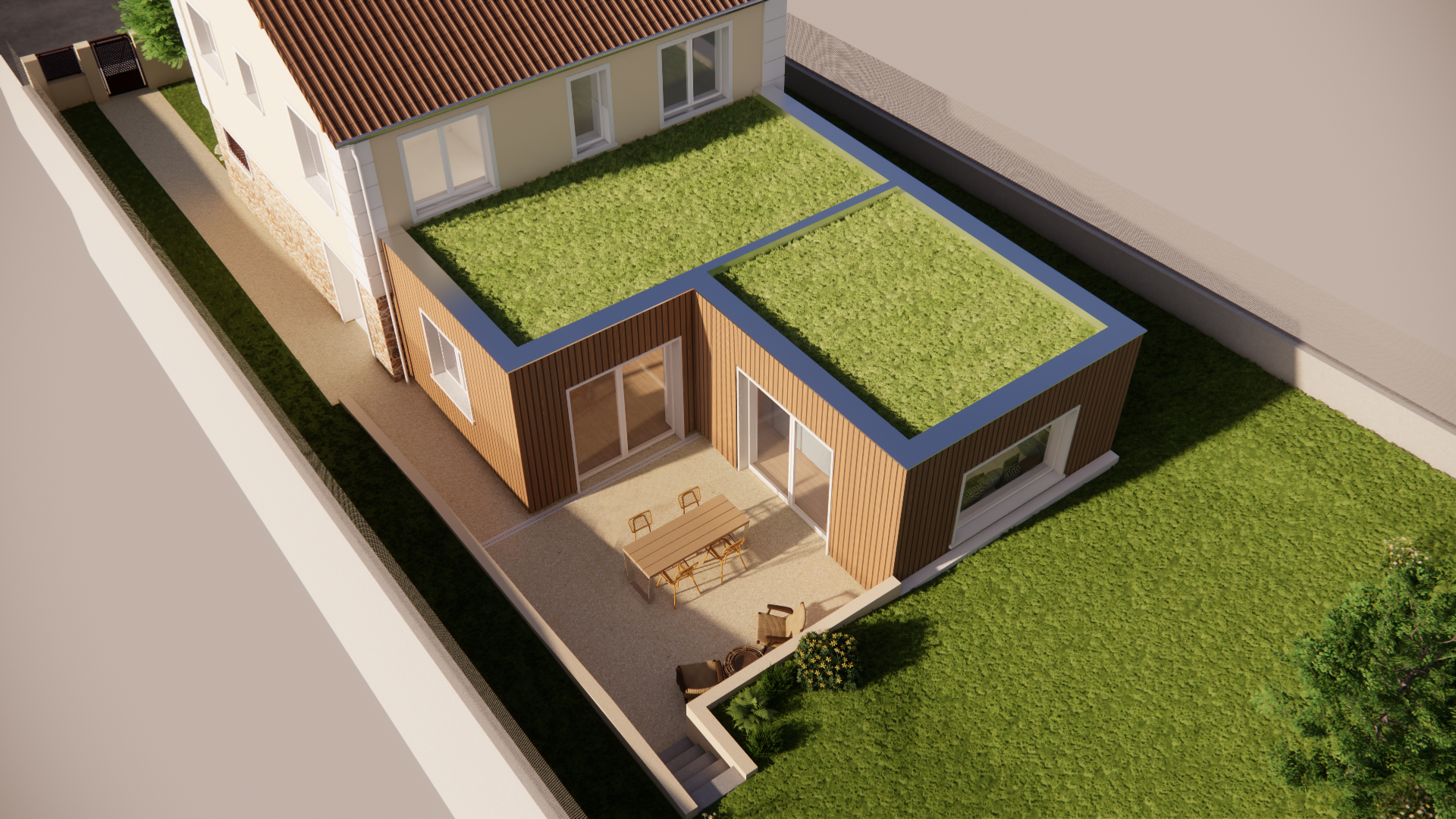 Projection 3D de la construction d'une extension d'une maison surmontée d'une terrasse végétalisée